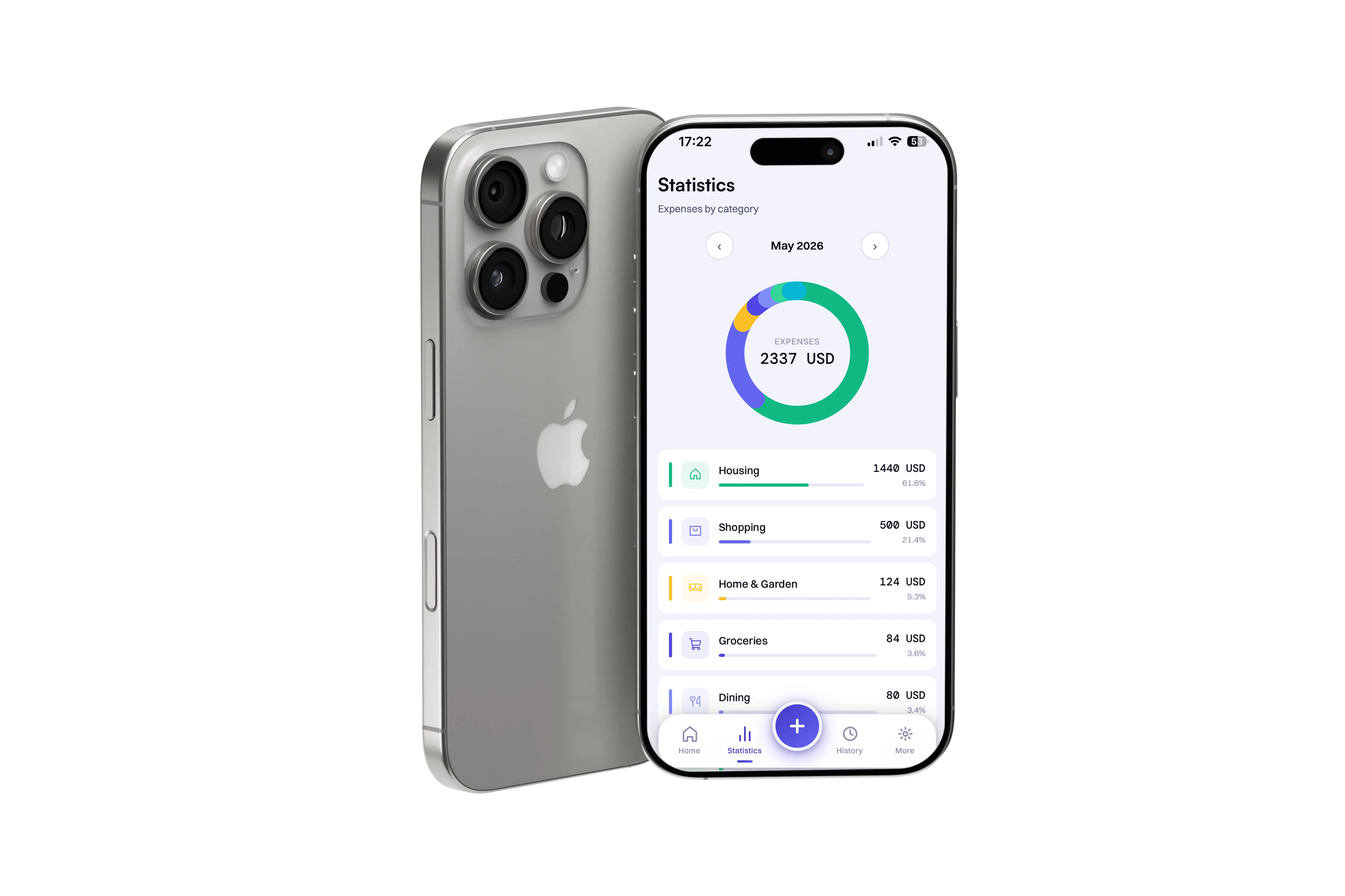 Alar Finance Mini App showing Statistics screen with expense categories on iPhone